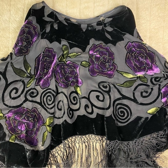 Vintage J & X Fringe Shall purple and black velvet silk - Picture 1 of 8